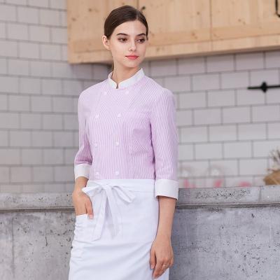 China Breathable Western French European women chef uniforms restaurant pastry shop dessert stripe macaron cross color for sale