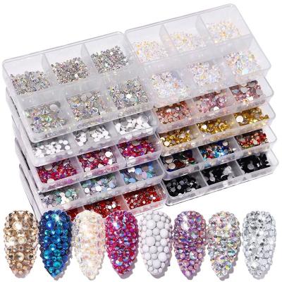 China Wholesale DIY Nail Art Multi Colored Nail Art Decorations Rhinestones Glass Crystal Rhinestones Box Mix Opal ab Flatback 6 Grid Sizes for sale