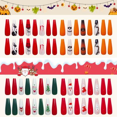 China Meaterial 30Pcs Box New Eco-Friendly Wholesale False Nails Long Coffin Press On Nail Art Design Christmas Winter Nail Movie for sale