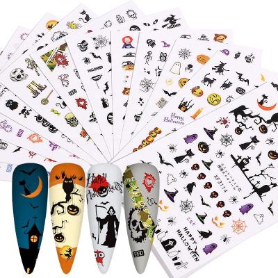 China Hot Sale Halloween Nail Stickers Designs Nail Art Devil Skull Sticker Mix Pumpkin Ghost Self Adhesive 3D Slider Nail Decals Wrap Decorations for sale