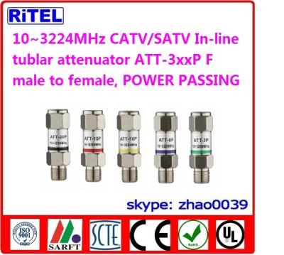 China catv_matv 10-3224MHz power passing in-line fixed attenuator ATT-1xx 3/6/9/12/15/20dB tublar body for sale