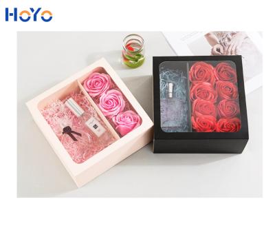 China Biodegradable Transparent Square Flower Rose Luxury Pink Rose Packaging Paper Cardboard BOX With Round Hat Tube Gift Flower Window Box for sale