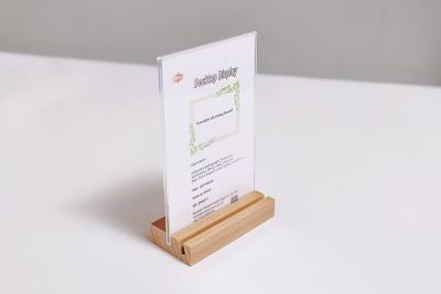 中国 Advertising Card Display Stand L Shape Wood Base Acrylic Sign Holder Portrait Ad Frame 販売のため