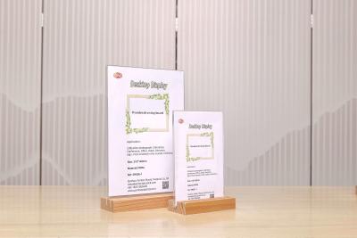 China Customized Table Menu Wood Base Acrylic Sign Holder Picture Frame with Wooden Base zu verkaufen