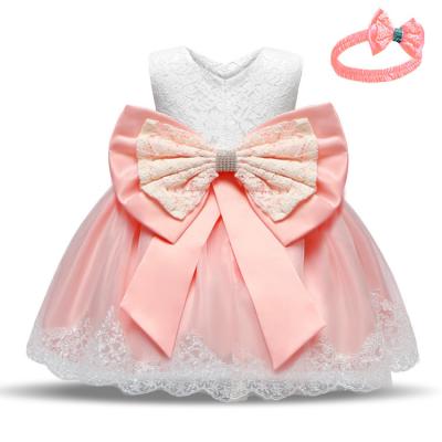 China Cute Qushine Babies Dress Design Breathable Big Bowknot Kids First Birthday First Lace Up Baptism Dress for sale