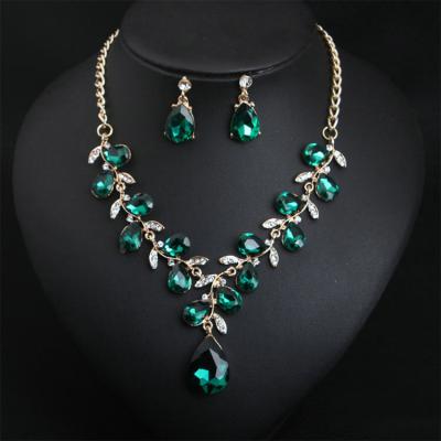 China Romantic Qushine Crystal Ladies Jewelry Sets Dark Green Leaf Shape Large Diamond Bridal Jewelry Set for Wedding for sale