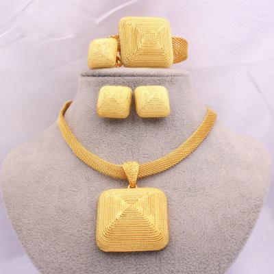 China FASHIONABLE Qushine Dubai 24K Gold Jewelry Sets Square Earrings Ring Bracelet Jewelery Set African Bridal Gifts Wedding Necklace for sale