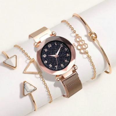 China Auto Date Qushine 5PCS Set Crystal Diamond Rose Gold Ladies Wrist Watches Women Wrist Watch Female Bracelet Clock Gift for sale