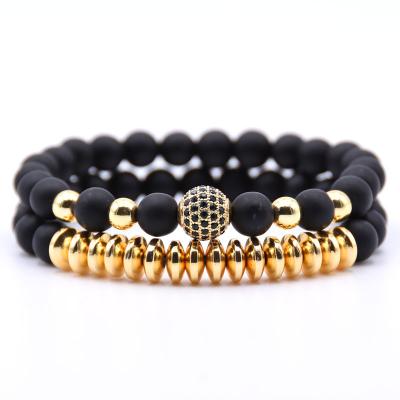 China Romantic Qushine Set 2 Beads Natural Stone Micro Pave CZ Ball Charms Bracelet Men Jewelry Beaded Bracelets For Women for sale