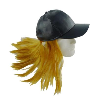 China High Quality 6 Panel Novelty Main Cap Baseball Cap With Wig PU Leather Hats For Men And Women for sale