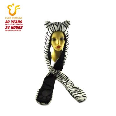 China Furry Hooded Funny Plush Animal Zebra Style Faxu Hat Scarf And Animal Paws Mittens for sale