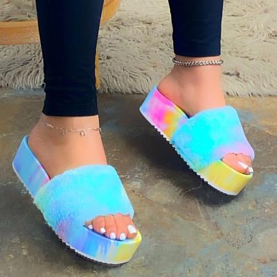 China Fashion Trend Designer Slides Winter Furry Warm Women Fur Slippers Indoor Slides Plush Casual Platform Shoes House Slippers Women for sale