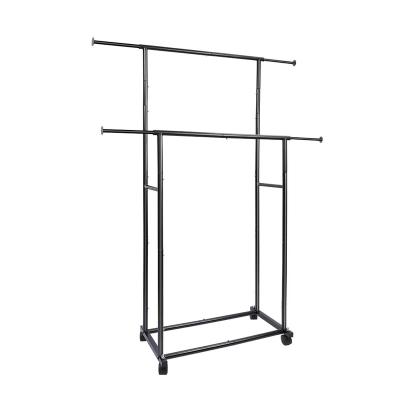 China Hot Selling Metal Floor Single Rod Clothing Rack 2 Single Standard Coat Rack Double Stand For Hanging Clothes With Shelf for sale