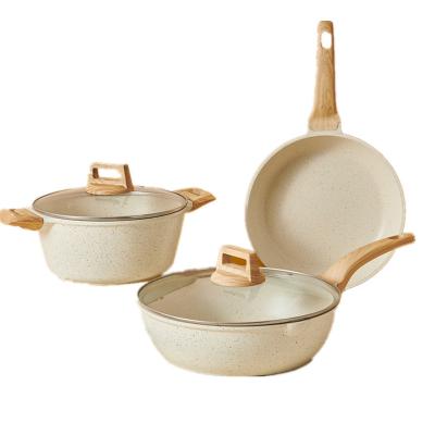 China Various Models Sustainable Kitchen Cookware Maifan Aluminum Stone Ollas Cooking Pot Sets With Thick Wooden Handle for sale