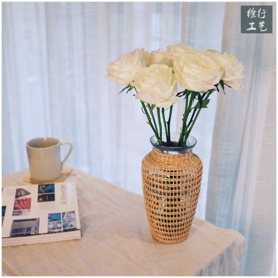 China Art Decor Vase Straw Home Decor Natural Grass Cattail Wrapped Flower Jug Glass Vase With Straw Woven for sale