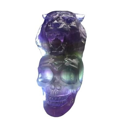 China Europe Wholesale Hot Sale Natural Crystal Rainbow Fluorite Carved Tiger Skulls Statue for Healing Decoration for sale