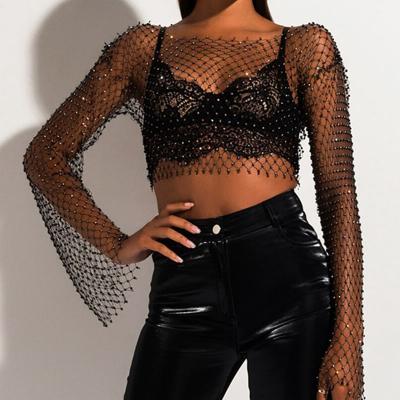 China Viable Women's Sexy Shiny Diamonds Mesh Crop Top Blouse Hollow Out Long Sleeve Beach Cover Up For Rave Festival Club Wear for sale