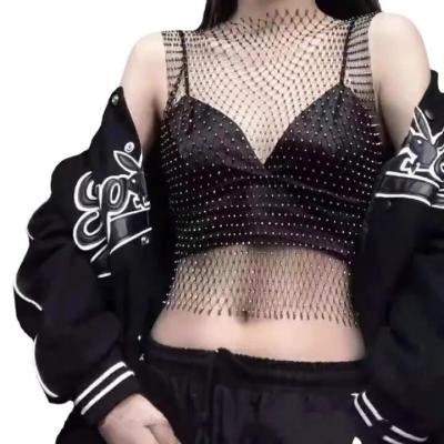 China Diamond Body Chains Breathable European Ladies Sexy Net Jewelry Bra Ladies Fashion Mesh Crop Top With Rhinestones for sale