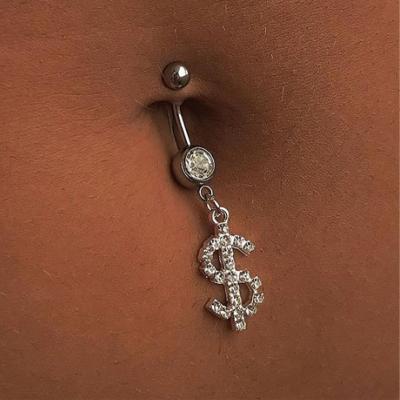 China Popular Vintage Bling Diamond Money Sign Pendant Belly Button Rings Shape Crystal Rhinestone Dollar Shape Navel Ring $ for sale