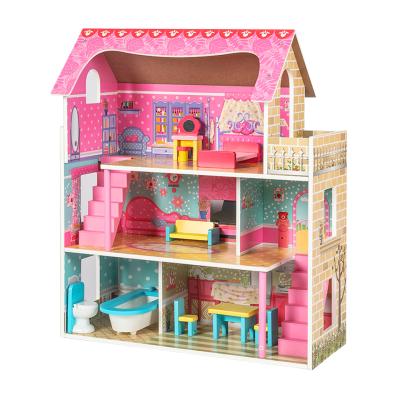 China Three-Layer Educational Girls Toy Wholesale Diy Wooden Doll's Large Room For Children With 14 Small Furniture for sale