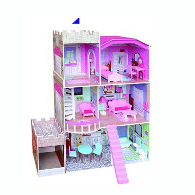 China Wooden diy children dollhouse children pink dollhouse age 3-8 years old with furniture for sale