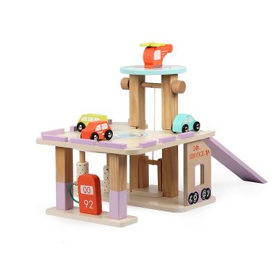 China Simulated toy new style children's game new style simulated children's play wooden double-deck car parking lot simulation car model boy and girl house assembling toy for sale