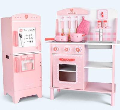 China Role Playing New Hot Selling Wooden Toy Noise Shape Toy Fridge Wooden Refrigerator Kitchen Light Wooden Pink Kitchen Fridge Toy for sale