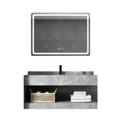 China Hotel Environment Friendly Modern Bathroom Cabinet With Led Mirror Rock Slate Basin With Gray Color Bathroom Vanity for sale