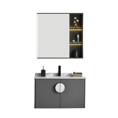 China Environmental Friendly Modern Plywood Bathroom Sink And Storage Mirror Wall Cabinet Hand Waving LED Mirror Vanity Cabinet Set for sale