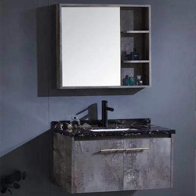 China Wall Mounted Bathroom Plywood Vanity Cabinet Black Marble Ceramic Basin Wooden Countertops Strong Waterproof Environmental Friendly for sale