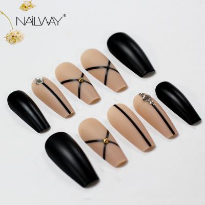 China Easy Apply 2021 New Style Coffin Long Press On Fake Nails Luxury Custom Made Pink And Black Fake Nails Matte Ballerina Nail Tips Artificial for sale