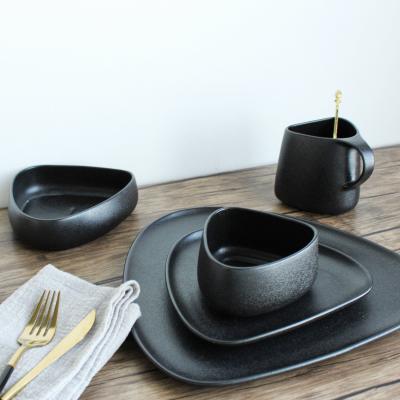 China Good quality viable wholesale elegant unique triangle shape custom design black ceramic dinnerware set dinnerware dish bowl set for sale