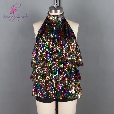 China Dresses DANCE FAVORITE Jazz and Tap Dance Costume Multicolor Sequin Mesh Ruffle Tunic Over Spandex Joined Shortall 18536 for sale