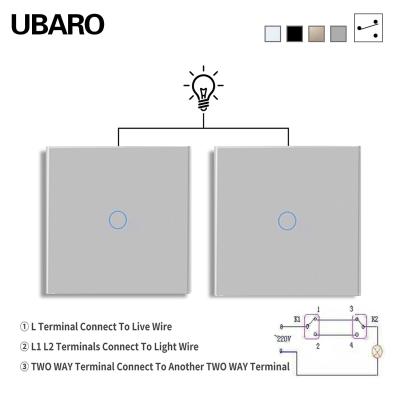 China UBARO EU/UK Smart Dual Switch Grey 1 Gang 2 Way 100-240Vac 50-60Hz 10A With Tempered Glass Panel for sale