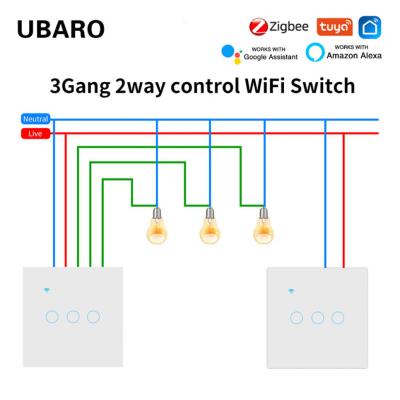 China 1000W Double Light Switch Neutral Wire Control 190g 3 Gang 2 Way Smart Switch Zigbee Smart Home Need Gateway for sale