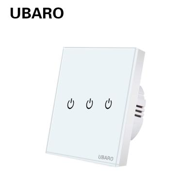 China UBARO 3 Gang Tempered Glass Panel Touch Light Switch IP20 Core Pattern CE Rohs FCC Certified for sale