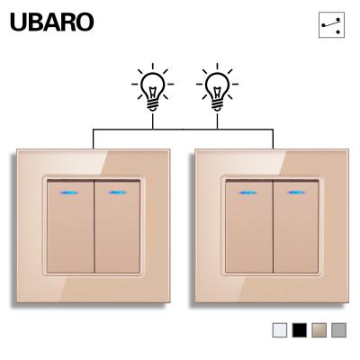 China UBARO L Series 86Type Fireproof PC 100-240Vac Dual Light Switch Control With Blue Indicator Tempered Glass Panel for sale