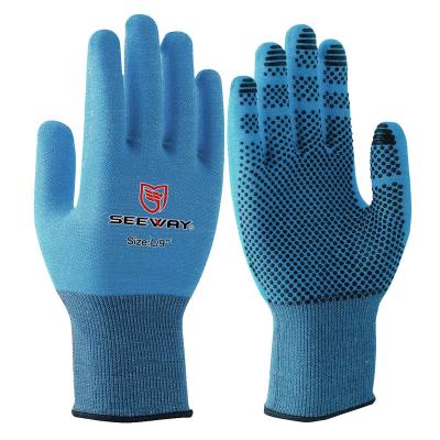 China Heavy Duty Cut Seeway New Style Cut Level 5 HPPE Knitted Protection Cut Glove With Palm PVC Dots for sale