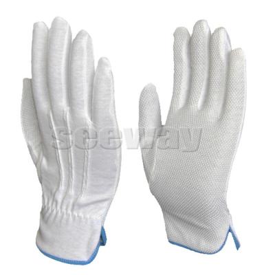 China Seeway Cotton Coin Jewelry Silver Inspection Hand Dust Protected White Gloves with PVC Dots Palm Grip for sale