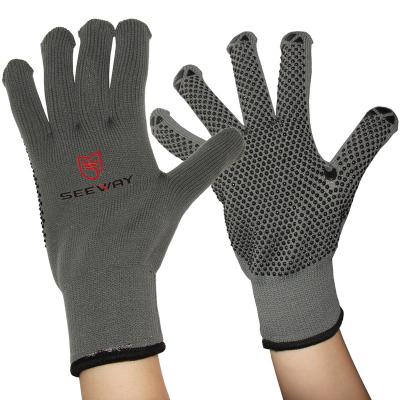 China Breathable Lightweight Seamless Knit Nylon Gloves With Cotton Inner Palm And PVC Handle for sale