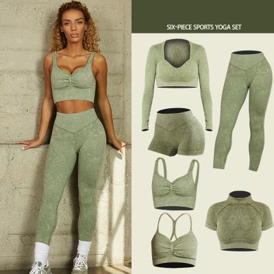 China 2022 Seamless Yoga Suit Ribbed Hip Lift Anti-Wrinkle Clothing Workout Set Breathable Custom Sandwashed 6pcs Active Yoga Wear Set for sale