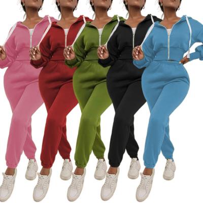 China Custom Logo Women Thick Plain Zip Casual Crop Top Hoodies QUICK DRY Top Hoodie Sweat Jogger High Waisted Pants Two Piece Set Sets for sale