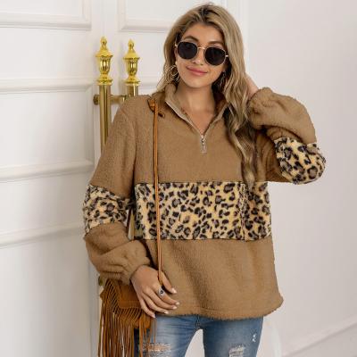 China 2022 Wholesale Anti-Wrinkle Crew Neck Knitted Casual Pullover Hood Sweatshirt Women's Long Sleeve Leopard Print Half Zipper Sweater for sale