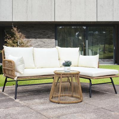 China Outdoor Weather Outdoor Furniture Contemporary L Shaped Beige Rattan Sofa Table And Tempered Glass Garden Sofa for sale