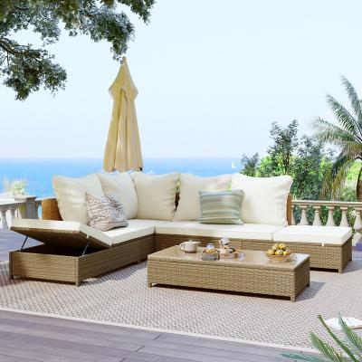 China Outdoor Weather Furniture Brown Rattan Three Piece Outdoor Sofa Adjustable Height Chaise All Weather Garden Sofas for sale