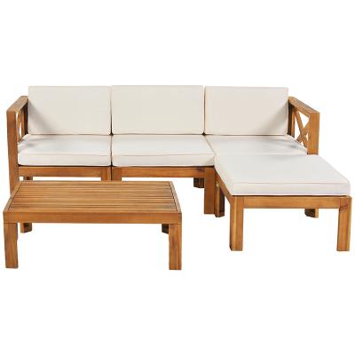 China Modern Modern L Shaped Garden Sofa Set Outdoor Wooden Frame Sofa Set Beige Fabric Cushion for sale