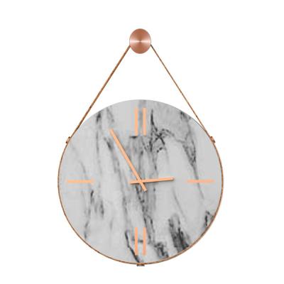 China Round Marble Effect Finish Custom Wall Clocks With Leather Strap for sale