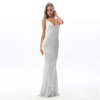 China Sleeveless V-Neck Padded Backless Formal Dress Full Covering Stretch Hollow Out Sequin Wedding Party Backless Prom Dress for sale