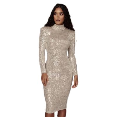 China Washable Sexy Simple Sequined Knee Length Full Sheathed Neck Support Night Out Club Collar High Midi Party Dresses for sale