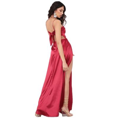 China Sleeveless Sexy Backless Two Leg Satin Slit Night Tie Long Off Dress for sale